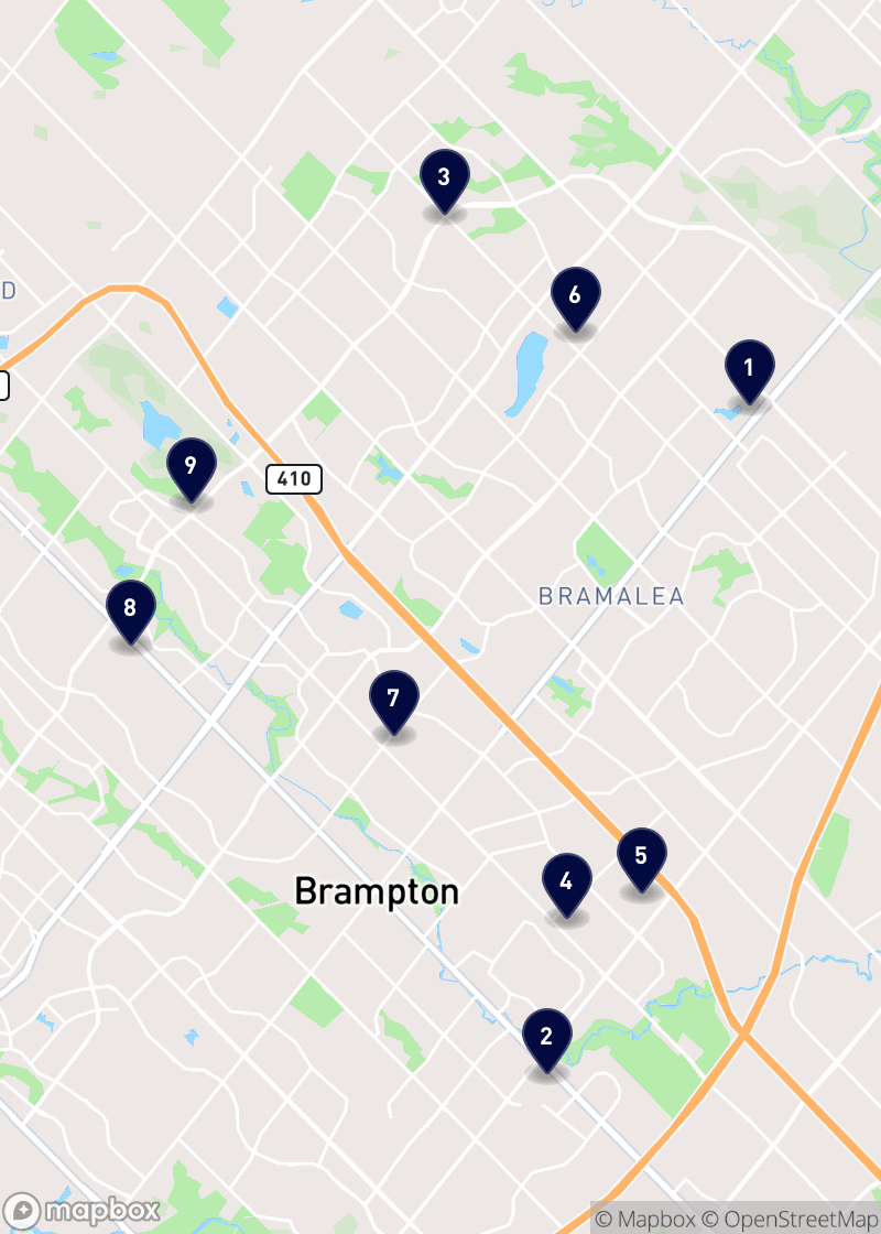 Map of restaurants in Brampton