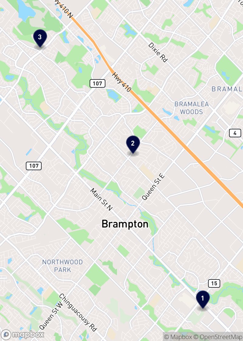 Map of pizzerias in Brampton