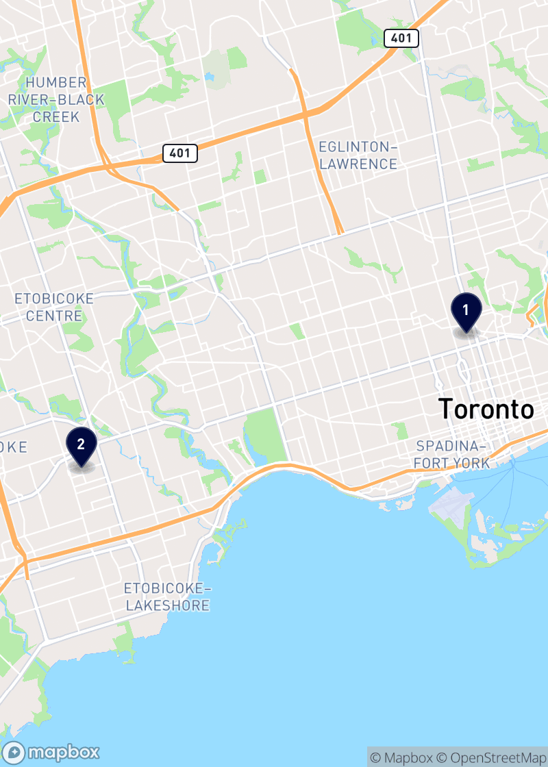 Map of yoga studios in Toronto